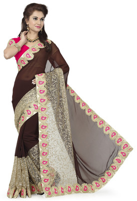 Ishin Self Design Fashion Georgette Saree(Brown)