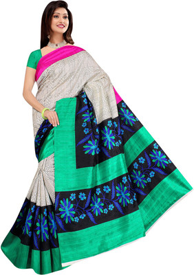 

Manthan Printed Daily Wear Art Silk Saree(White, Green), Cream & green