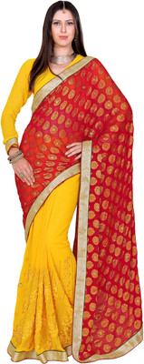 

Khoobee Self Design, Embroidered, Embellished Fashion Chiffon Saree(Red, Yellow)