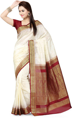 

Ishin Woven Fashion Poly Silk Saree(White), Off white & red