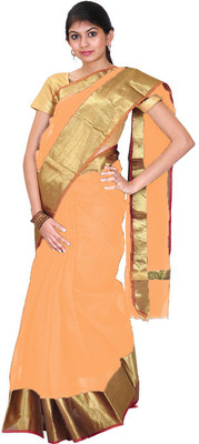 

Javuli Woven Arani Pattu Handloom Silk Cotton Blend Saree(Orange, Gold)
