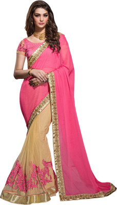 

Jiya Self Design, Embroidered, Embellished Fashion Net, Chiffon Saree(Pink, Beige), Beige;pink