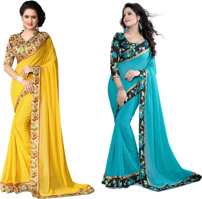 Indianbeauty Printed Fashion Chiffon Saree(Pack of 2, Light Blue, Yellow) Flipkart