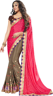 

Khoobee Self Design, Embellished, Embroidered Fashion Satin, Chiffon, Jacquard Saree(Brown, Pink)