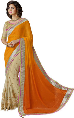 

Odhni Embroidered Bollywood Chiffon, Net Saree(Beige, Orange)