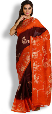 

Kasturi-B Swadeshi Karigari Floral Print Fashion Handloom Pure Silk Saree(Orange), Brown;orange