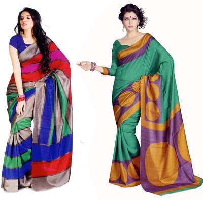 

Sunaina Printed Bhagalpuri Cotton, Silk Saree(Pack of 2, Multicolor)