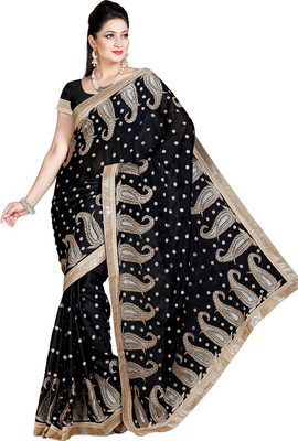 

Ishin Embroidered Fashion Satin Saree(Black)