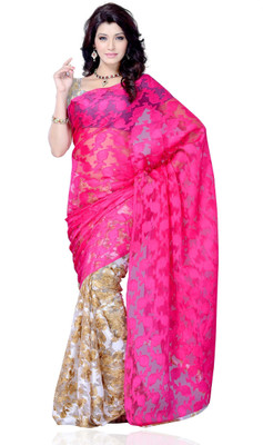 

JTInternational Self Design Fashion Jacquard, Georgette Saree(Beige), Beige;magenta