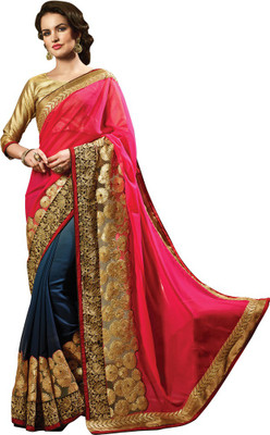 

Saara Embroidered Fashion Georgette Saree(Pink, Blue), Pink and navy blue
