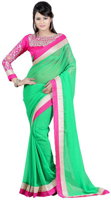 

Monika Silk Mill Plain Daily Wear Georgette Saree(Green)