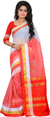 

It's Banii Checkered Assam Silk Handloom Silk Cotton Blend Saree(Red)