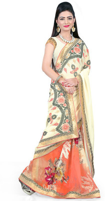 

Parisha Embroidered Daily Wear Georgette Saree(White, Orange), Cream & orange