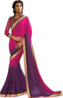 

Khoobee Self Design, Embroidered Fashion Georgette Saree(Pink, Purple, Black), Black;pink;purple