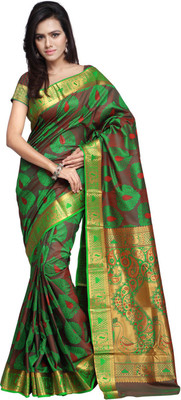 

Saara Self Design Fashion Art Silk Saree(Green, Gold), Green and golden