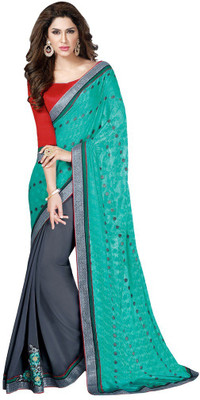 

Desi Butik Embroidered Fashion Chiffon Saree(Grey, Green), Dark grey and green