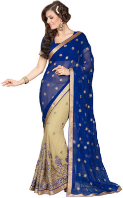 

Khushali Self Design, Embroidered, Embellished Fashion Georgette, Chiffon Saree(Blue, Beige), Beige;blue
