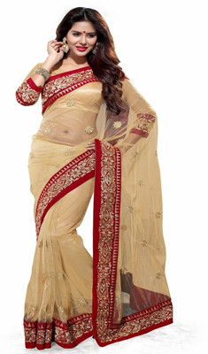 

Mirchi Fashion Self Design Fashion Net Saree(Beige, Red), Chikoo