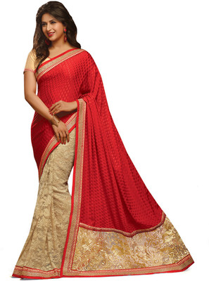 

Indianbeauty Self Design, Embroidered Bollywood Jacquard, Pure Georgette Saree(Red, Beige), Beige;red