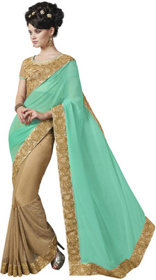 

Desi Butik Embellished Fashion Georgette, Net Saree(Blue, Beige), Beige;blue