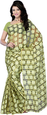 

JTInternational Checkered, Printed Fashion Net, Jacquard Saree(Green), Beige