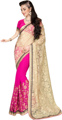

Khoobee Self Design, Embroidered, Embellished Fashion Georgette Saree(Beige, Pink)