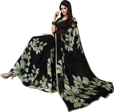 

Ishin Printed Fashion Georgette Saree(Black), Black & white