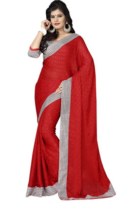 

Khoobee Self Design Fashion Satin, Jacquard Saree(Red, White, Brown), Brown;red;white