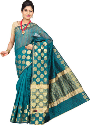 

Pavechas Polka Print, Striped Banarasi Silk Cotton Blend Saree(Blue), Rama