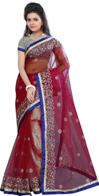 

Gunjan Creations Woven Fashion Net Saree(Red), Red white embroidey