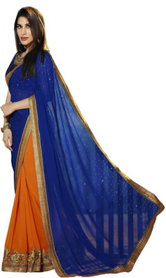 

Aksh Fashion Embroidered Bollywood Georgette, Raw Silk Saree(Blue, Yellow), Irish blue - worn in