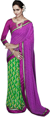 

Helixenterprise Printed Fashion Handloom Georgette Saree(Green), Green;purple