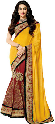 Desi Butik Embroidered Fashion Chiffon, Net Saree(Yellow, Red), Yellow and red