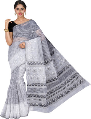 

Pavechas Printed Gadwal Cotton Saree(White, Grey), Grey;white