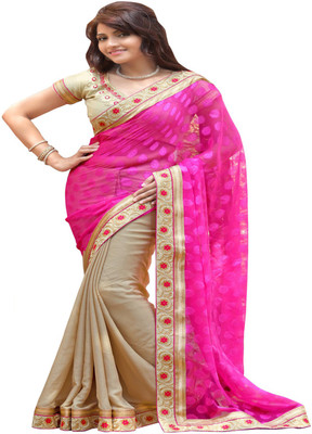 

Helixenterprise Printed Fashion Chiffon Saree(Pink), Cream;pink