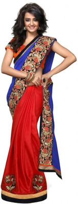

Chirag Sarees Solid Bollywood Crepe Saree(Blue, Red), Blue;orange