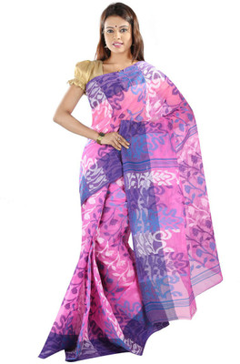 

Hawai Embellished Tant Handloom Cotton Saree(Pink, Blue), Blue;pink