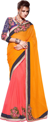 

Lovelylook Embroidered Daily Wear Chiffon, Georgette Saree(Yellow, Pink), Yellow & peach