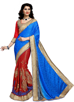 

Khushali Self Design, Embroidered, Embellished Fashion Jacquard, Jacquard Saree(Blue, Red, Beige), Beige;blue;red