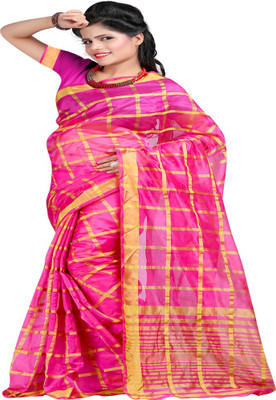 

Ansu Fashion Checkered Meghalaya Silk Saree(Pink)