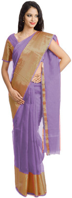 

Javuli Self Design Arani Pattu Handloom Silk Cotton Blend Saree(Purple), Grey