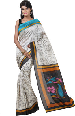 

JTInternational Printed Bhagalpuri Silk Saree(White, Blue), Blue;white