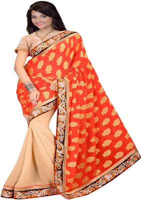 

Vandv Shop Printed Fashion Jacquard Saree(Orange), Cream;orange