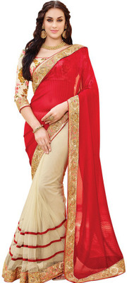 

Desi Butik Embroidered Fashion Georgette, Net Saree(Red, Beige), Red and beige