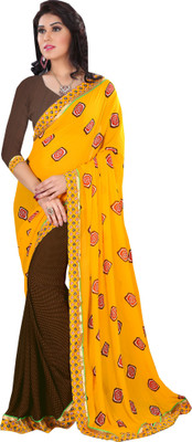 

Indianbeauty Self Design, Printed Bollywood Georgette Saree(Yellow, Brown), Brown;yellow