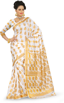 

Mimosa Paisley Kanjivaram Silk, Jacquard Saree(White, Beige)