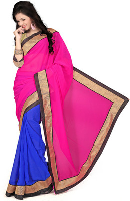 

Aai Shree Khodiyar Art Solid Bollywood Georgette Saree(Pink, Blue), Multicolor