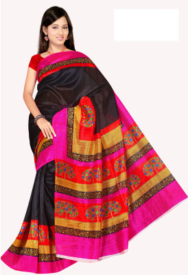 Manthan Printed Daily Wear Art Silk Saree(Black, Multicolor), Black & multi