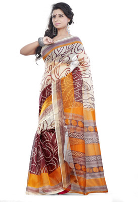 JTInternational Printed Bhagalpuri Silk Saree(Beige, Maroon)