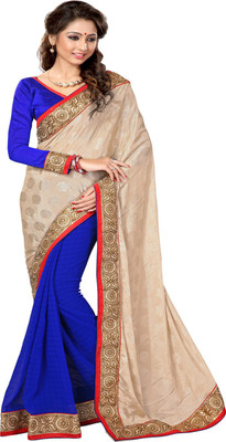 Sourbh Sarees Solid Fashion Jacquard, Chiffon Saree(Beige, Blue, Beige;royal blue